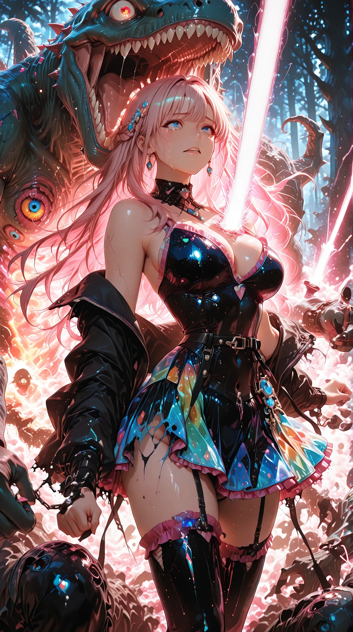 highest quality、Surreal、Perfect Anatomy、Crowded busy street、Surrounded by spectators、Crowd、Wet and shiny white skin、Sweat dripping all over the body、Slender model figure、Ahegao、Silver and pink hair、soaked、Super small face、Collars and Leads、Large cleavage、Cyberpunk City、photo shoot、Japanese sword、Micro Bikini、