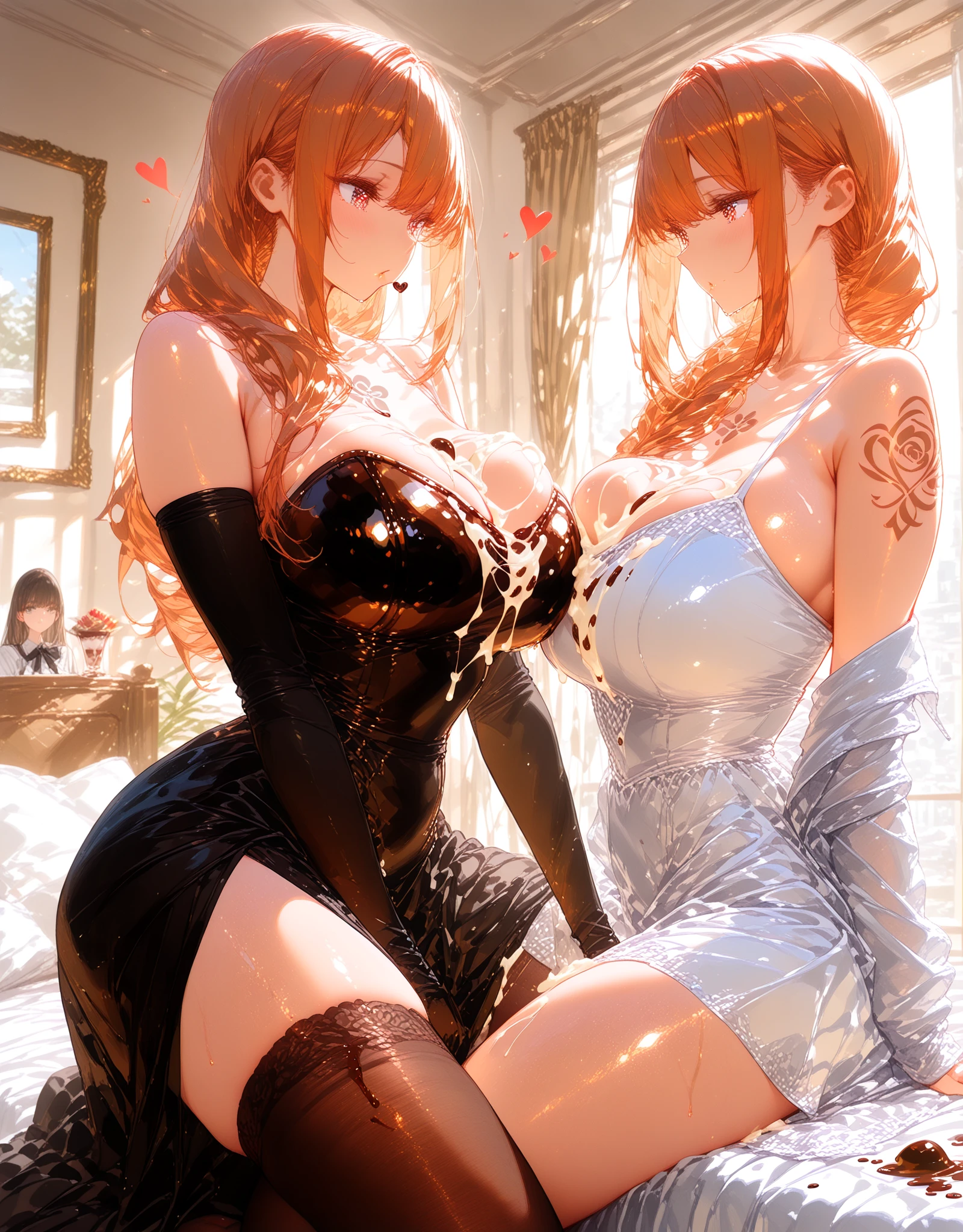 ((having hot lesbian sex in the bedroom. They are kissing, fondling, licking and with so much passion, these brunettes are so damn hot.)),thicc,(masterpiece, best quality:1.4), absurdres, highres, ultra detailed, beautiful, (secretary), (perfect face, detailed face, beautiful:1.3),(natural breasts, cleavage), collarbone, fingerless gloves, gloves,spaghetti strap top, black pencil skirt, tight, over the knee skirt, hat, elegant secretary outfit, thighhighs, thick thighs, thighs, multiple belts, More detailed 8K.motor irreal:1.4,UHD,La mejor calidad:1.4, fotorrealista:1.4, textura de la piel:1.4, obra maestra:1.8,obra-prima, mejor calidad,objeto Objeto], (detailed face features:1.3),(manos detailed)