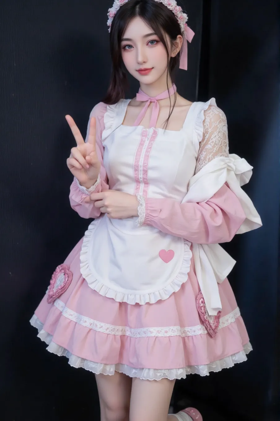 Highest quality、Shiny silk short sleeve puff sleeve pink maid outfit、See-through、Very short skirt、Voluminous red ribbon、Round collar、A short white ruffled apron、White garter belt with ribbon、Pink high heels with ribbon、Large headband with ribbon、Flushed Cheeks、Embarrassed look、White underwear、Soaking wet、Pool、Facing forward、Spread your legs