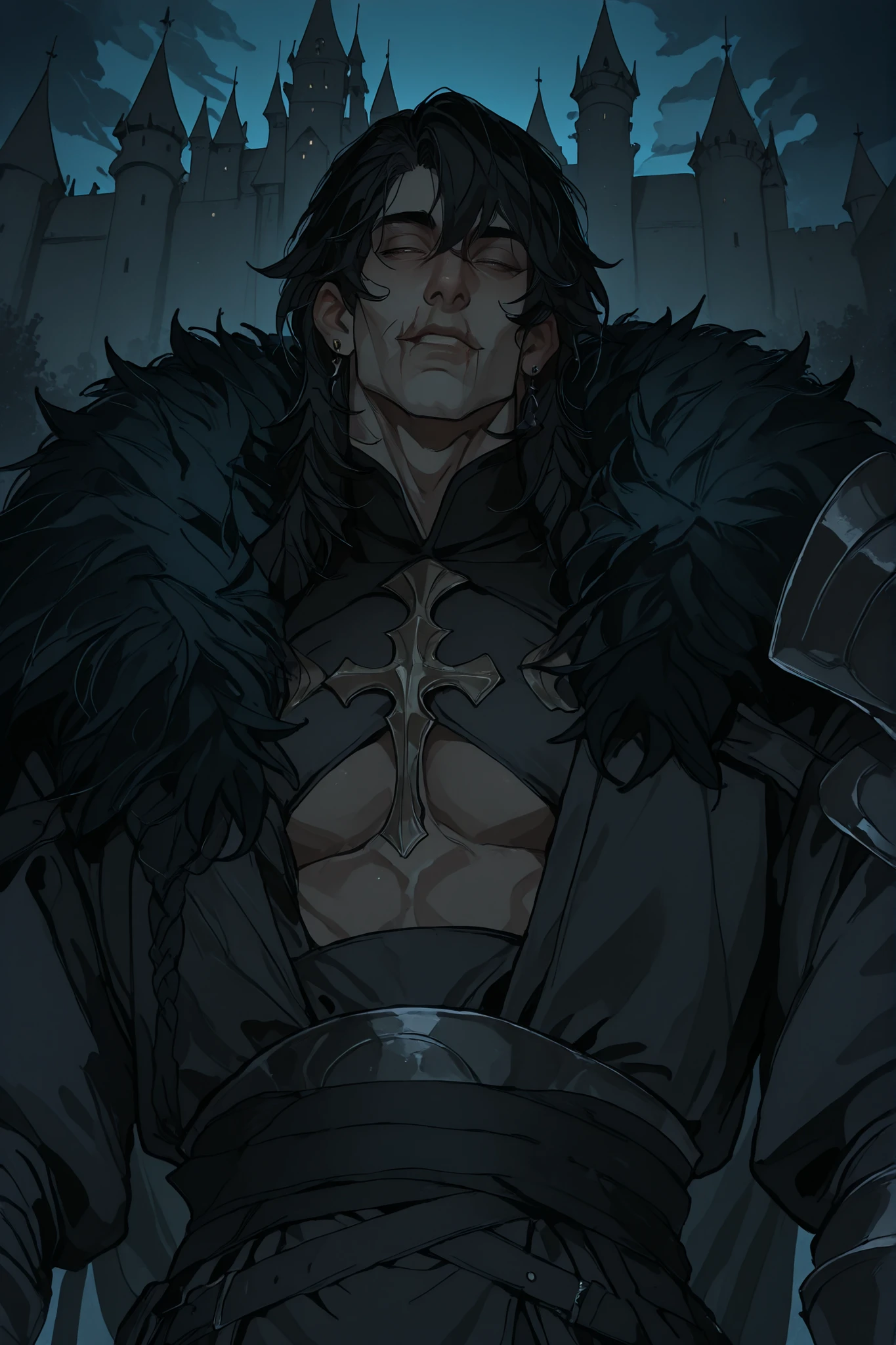 scar on mouth,dark shades, fantasy clothing,simple castle background,Сверхдетализированный вид снизу, HDR, высокое разрешение, Один, 1 Мужчина,  светло-голубые глаза, (детализированное красивое лицо и глаза), блондинистые волосы, wolf cut, растрепанный, подтянутая фигура с мускулатурой, сосредоточенный взгляд, губы напряжены в нервном жесте, 1boy, чрезвычайно детализированное лицо и глаза, чрезвычайно красивый, блестящий цифровой искусство, соблазнительное лицо, сексуальность, тонкие губы. 
