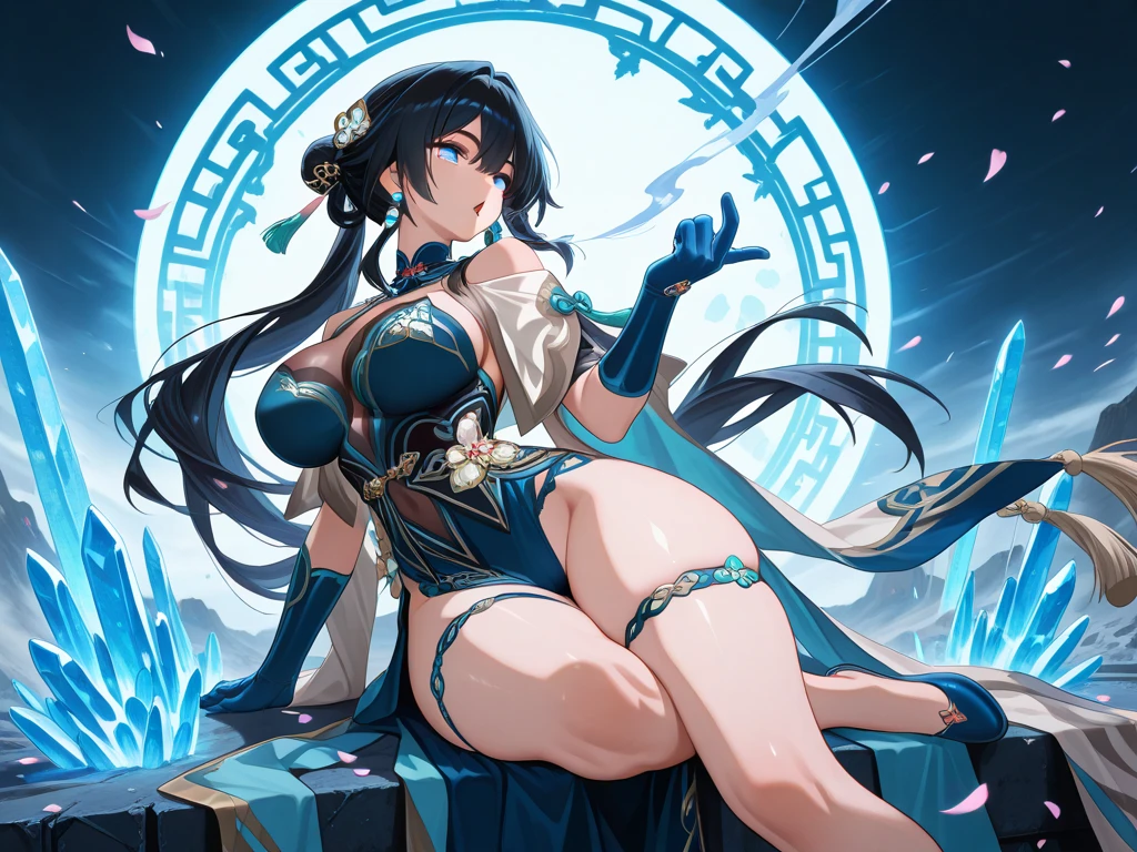 Masterpiece、need、1 woman、blue clothes、Traditional Thai dress, blue strapless、full body photo、ancient thai style、 White cloth buns, steamed buns、black hair、Leaky shoulder、The chest is large.、Long, slender legs、smile、black stockings、ริมฝีปากpinkอ่อน、Embroidered clothing、high-heels,(big tits),sexy, slightly seductive expression, big breasts,Show your breasts,The cracks are clear....,((big tits)),(pubic bone), rift, visible chest,seductive pose,I see bulging nipples.,(((large areolae:1.4,pink,The nipples are clearly visible.......)))