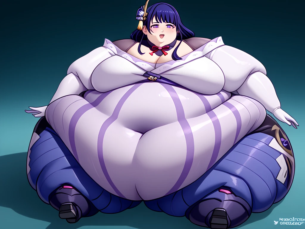 saori joumae, blue eyes, blue hair, halo, long hair, indoors, night, doorstuck, wide hips, thick thighs