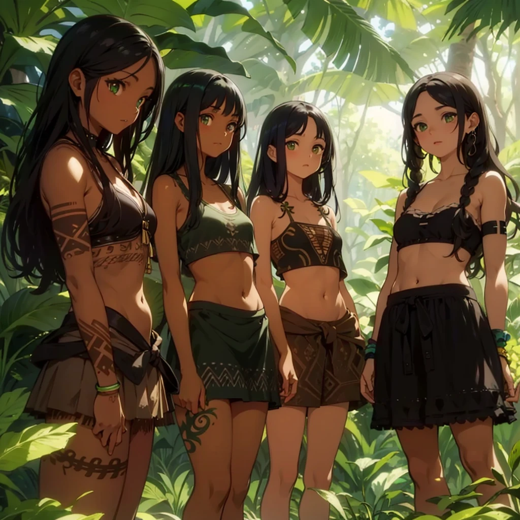 a group of Greek warriors  naked girls in the middle of the forest, tanding girls , young girls, tribal tattoos, dark skin, , belly tattoo, GREEN EYES, ONLY GIRLS , black hair,SLAVE COLLAR , young girls, dark skin, belly tattoo, GREEN EYES, , green eyes, skirts, brown and green clothing, black tribal tattoos, young girls,, sandals , sexy, exposed belly, muscular girl, defined abdomen, choker, navel, blue eyes, stomach, multiple girls, 