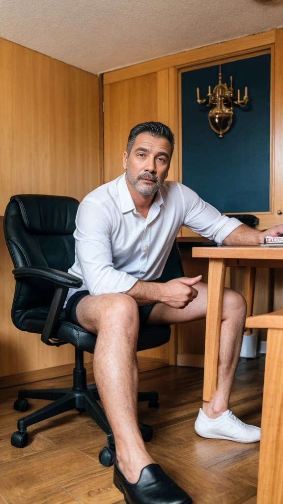 Mejor calidad, detallado, guapo dilf, unkempt, brazos y piernas peludos, pelo gris, entrenador dilf, zapatillas deportivas, calcetines blancos, pantorrillas, ambiente de oficina, escritorio de oficina, relajante, Sofa, pubis, dad, muy peludo, barba gruesa, hombre blanco, cuerpo proporcionado, mejores piernas, pelo lanudo, Corte de pelo, football coach, cuerpo completo, mejores zapatos, Alta calidad, detallado sneakers, venoso , small town dad, dilf profesional, entrenador pervertido, yellow colores del equipo, colores del equipo