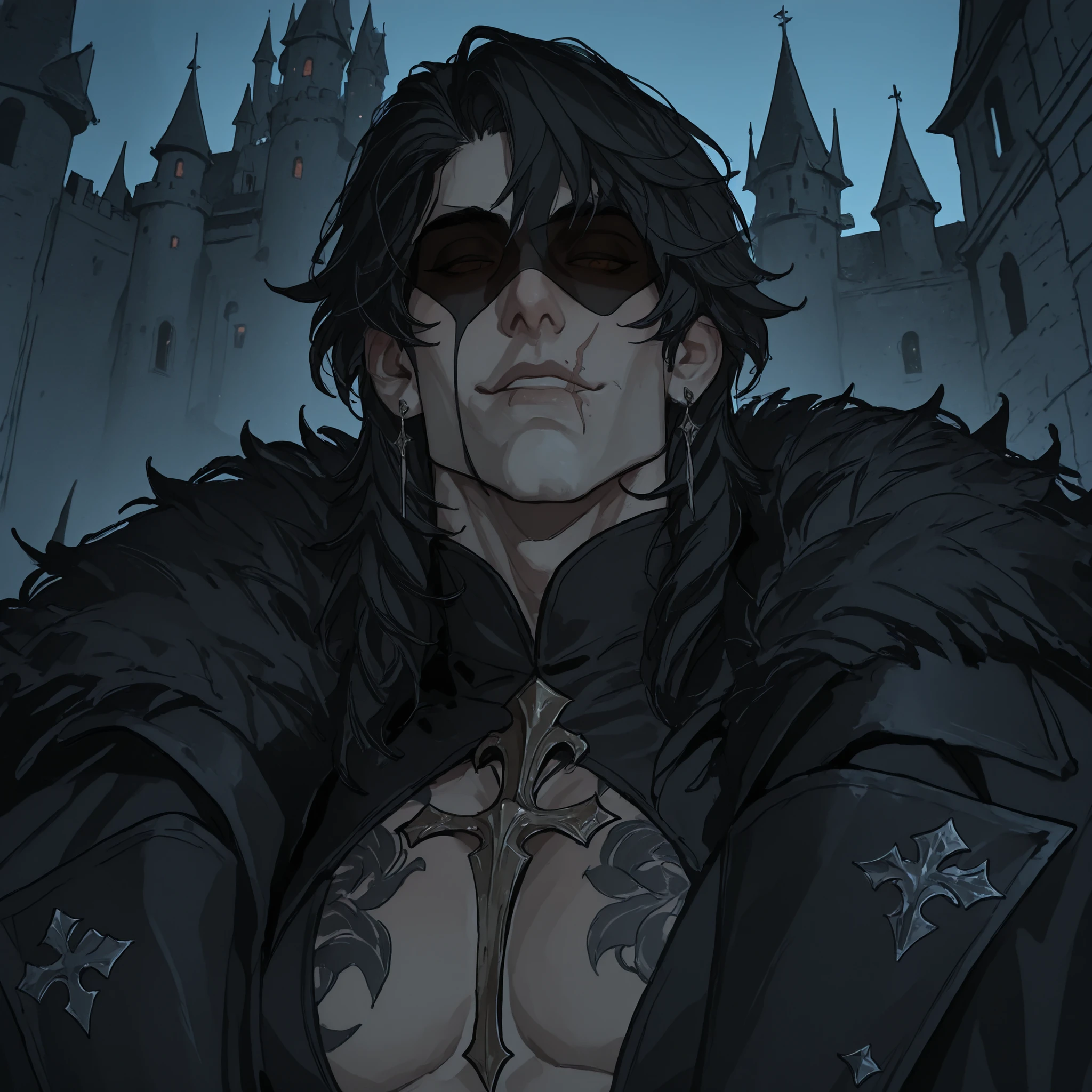 scar on mouth,dark shades, fantasy clothing,simple castle background,Сверхдетализированный вид снизу, HDR, высокое разрешение, Один, 1 Мужчина,  светло-голубые глаза, (детализированное красивое лицо и глаза), блондинистые волосы, wolf cut, растрепанный, подтянутая фигура с мускулатурой, сосредоточенный взгляд, губы напряжены в нервном жесте, 1boy, чрезвычайно детализированное лицо и глаза, чрезвычайно красивый, блестящий цифровой искусство, соблазнительное лицо, сексуальность, тонкие губы. 