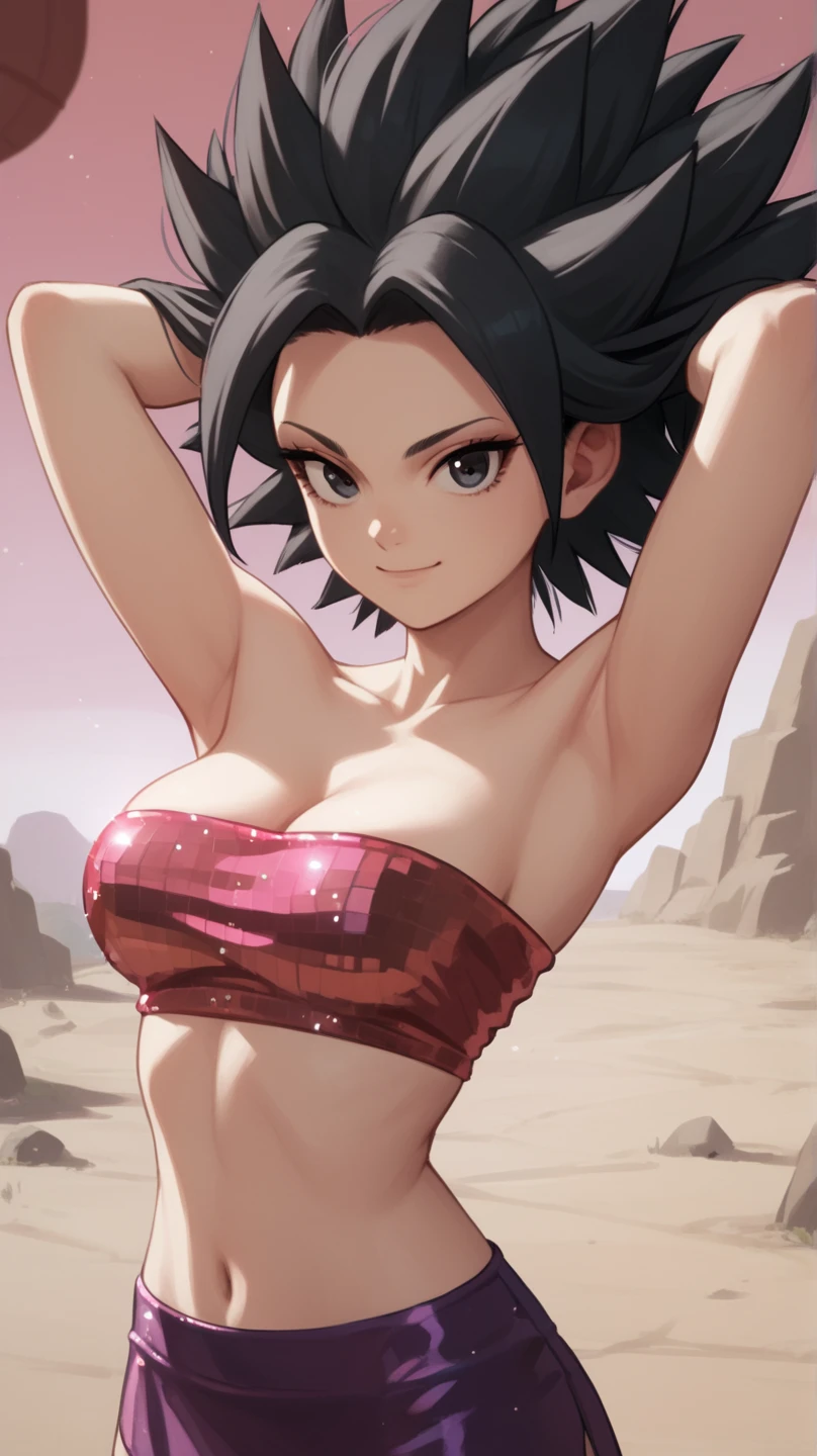 ((masterpiece, best quality)),(complex light), 1female,solo,upper body, goku black,black goku hair,black eyes, green potara earrings, large breasts, wide hips, curvy, thin waist, red collar, solo girl, armpits, arms up, large breasts, wide hips, curvy, thin waist, black slingshot swimsuit, abs, muscular female, 6 pack, muscles, beach background, sexy