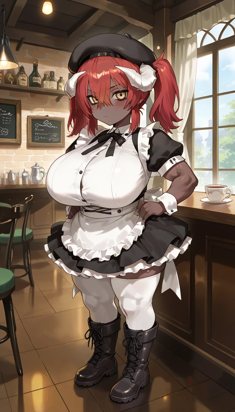(Morbidly obese:1,1)1girl, solo(masterpiece, best quality:1.4), illustration, 8k, hd, 1girl, solo, short_messy_hair, red_hair, dress, white_thighhighs, no underwear, short_sleeves, frills, apron, brown_eyes, cleavage, metal_collar, anchor_choker, maid, white maid, ((big breast, angry, delinquent, bully, piercing, smirk)), (restaurant, maid cafe)