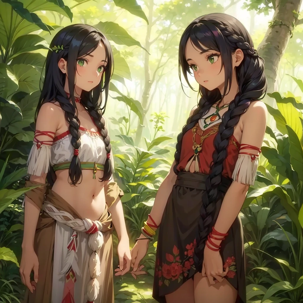 a group of Guarani naked girls in the middle of the forest, all girls with dark skin tones, standing girls , young girls, tribal tattoos, dark skin, Guarani girls , belly tattoo, GREEN EYES, ONLY GIRLS , black hair,SLAVE COLLAR , dark skin, all girls with dark skin tones, young girls, dark skin, Guarani girl, belly tattoo, GREEN EYES, , green eyes, skirts, brown and green clothing, black tribal tattoos, young girls,