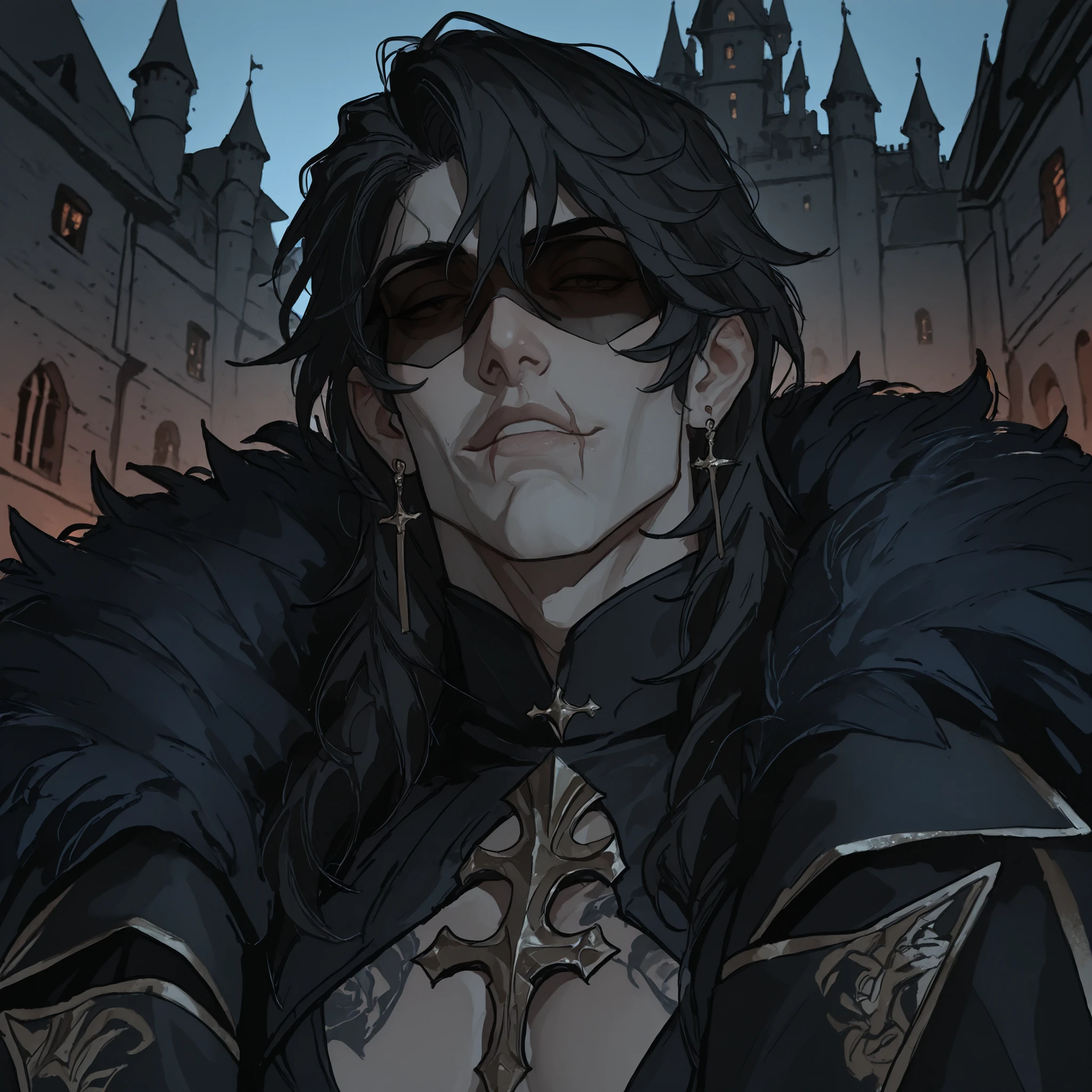 scar on mouth,dark shades, fantasy clothing,simple castle background,Сверхдетализированный вид снизу, HDR, высокое разрешение, Один, 1 Мужчина,  светло-голубые глаза, (детализированное красивое лицо и глаза), блондинистые волосы, wolf cut, растрепанный, подтянутая фигура с мускулатурой, сосредоточенный взгляд, губы напряжены в нервном жесте, 1boy, чрезвычайно детализированное лицо и глаза, чрезвычайно красивый, блестящий цифровой искусство, соблазнительное лицо, сексуальность, тонкие губы. 