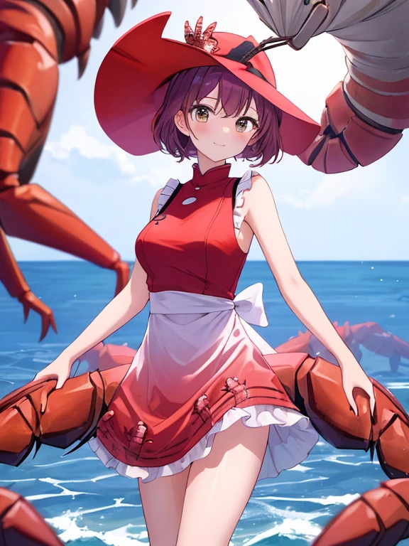 1girl, crab claws, small natural breasts, short red hair, blue eyes, red swimsuit, barefoot, beach, masterpiece quality, ultra HD, 4K, best quality, 