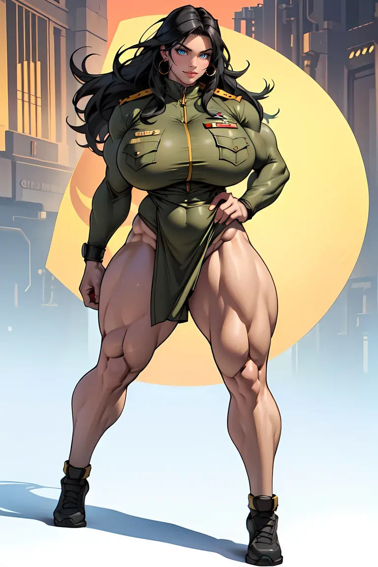 NSFW, solo, 1 girl, (very long hair), black hair, angry, yellow eyes pale skin (wide hips thick thighs curvy muscular toned body bodybuilder huge tits) ((sexy military uniform)), (((clevage))), (((accurate anatomy))), ((wide hips)), (((Huge breasts))), ((long legs)), (((Massive Female Bodybuilder))), ((((Muscular Legs)))), (((((Huge Muscles)))))
