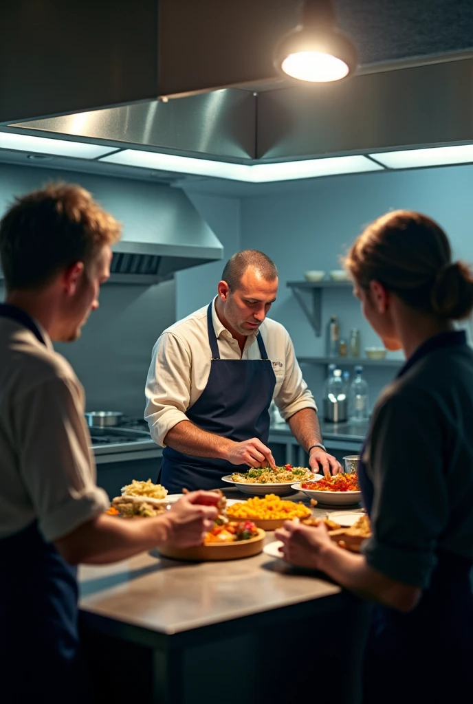 In the distance, The 7 star hotel heard the noise from the kitchen,A middle-aged male chef kneeling on the ground,had his hands folded, He begged the young male chef to take him as an apprentice。Best quality,Masterpiece level,super detailing,Highly delicate。