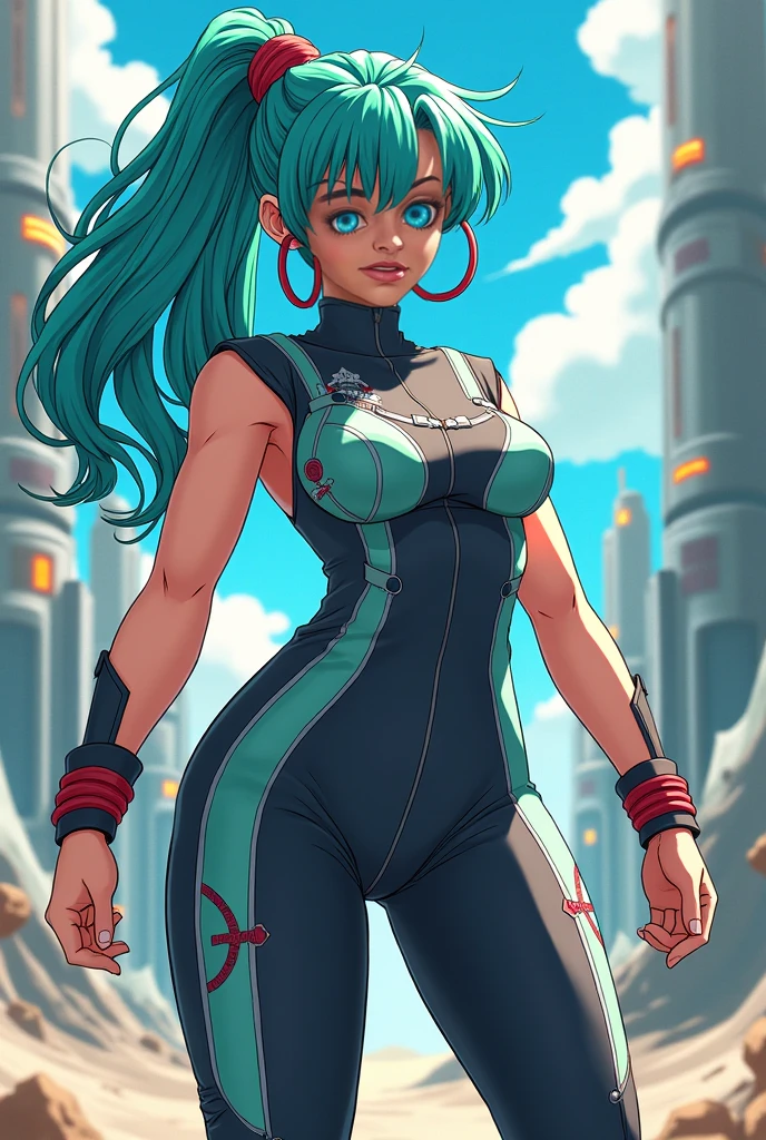 (masterpiece, best quality:1.1), ryouko_(tenchi_muyou!), from behind, 1girl, solo, big hair, blue hair, spiked hair, pointy ears, red earrings, puffy sleeves, pelvic curtain, yellow eyes, large breasts, jacket, long sleeves, choker, red gloves, sash, red pantyhose, retro artstyle, <lora:RTMV1-000010:1>