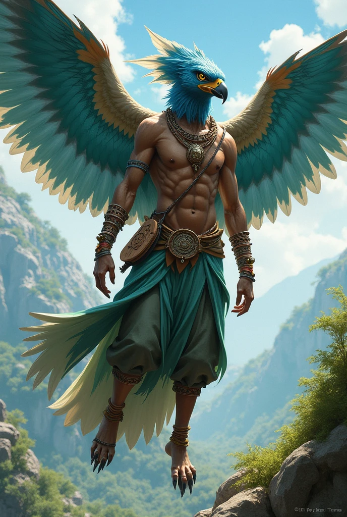 Handsome young man standing next to garuda holding weapon