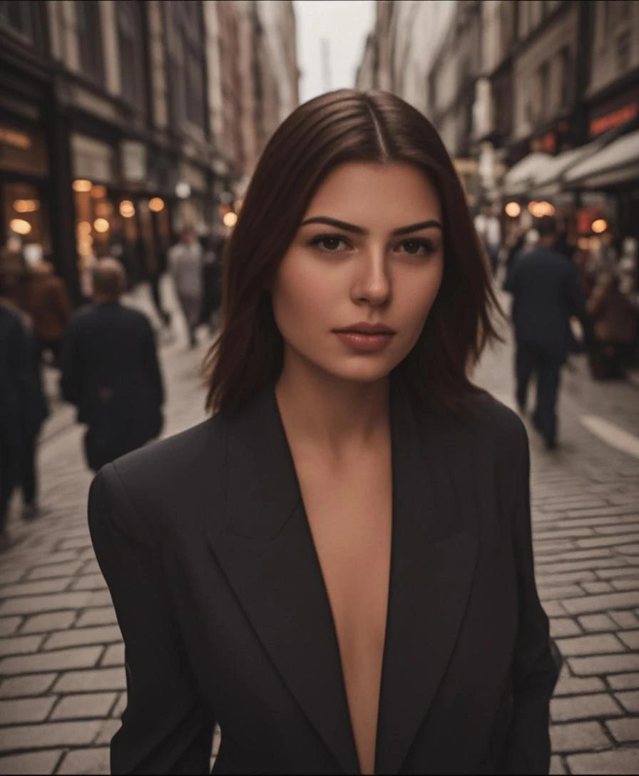 A Brazilian female journalist with long wavy brown hair, fancy bag and blazer in london looking at the skyline looking like she's walking, photo by full body