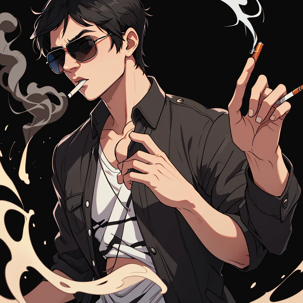 アニメ, best qualityer, white male, purple gradient hair, black jersey, round sunglasses smoking leaning against the wall