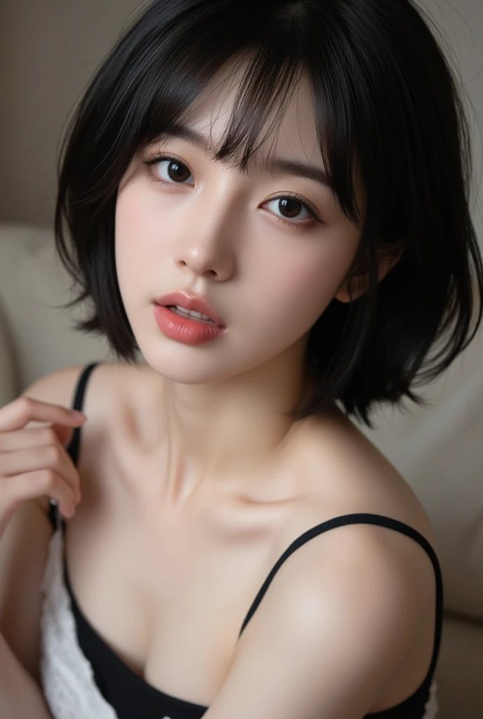 a short bob、A dark-haired、full body Esbian、in her 20s、inside in room、