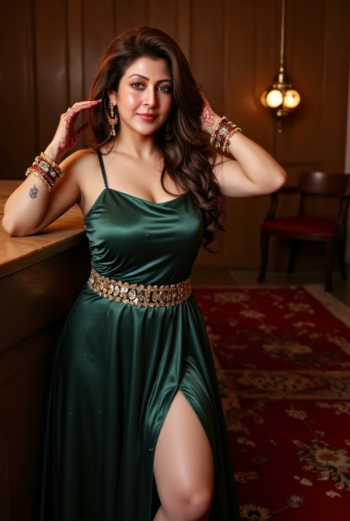 Hires photo of Kareena Kapoor khan , posing with one leg extended,  realistic red lips, slim, cute face,  black eyes, sexy green dress, nude,cleavage, navel, uncensored, posing for a photoshoot, A  alleyway  (cinematic:1.3), intricate details, (ArtStation:1.2), high resolution ,4K