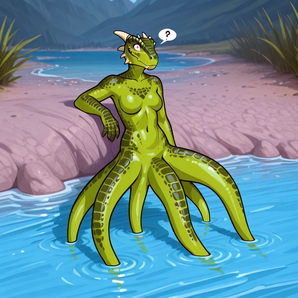 a full body shot of Sisu, standing at a beach, living inflatable, naked, female, breasts, erect nipples,