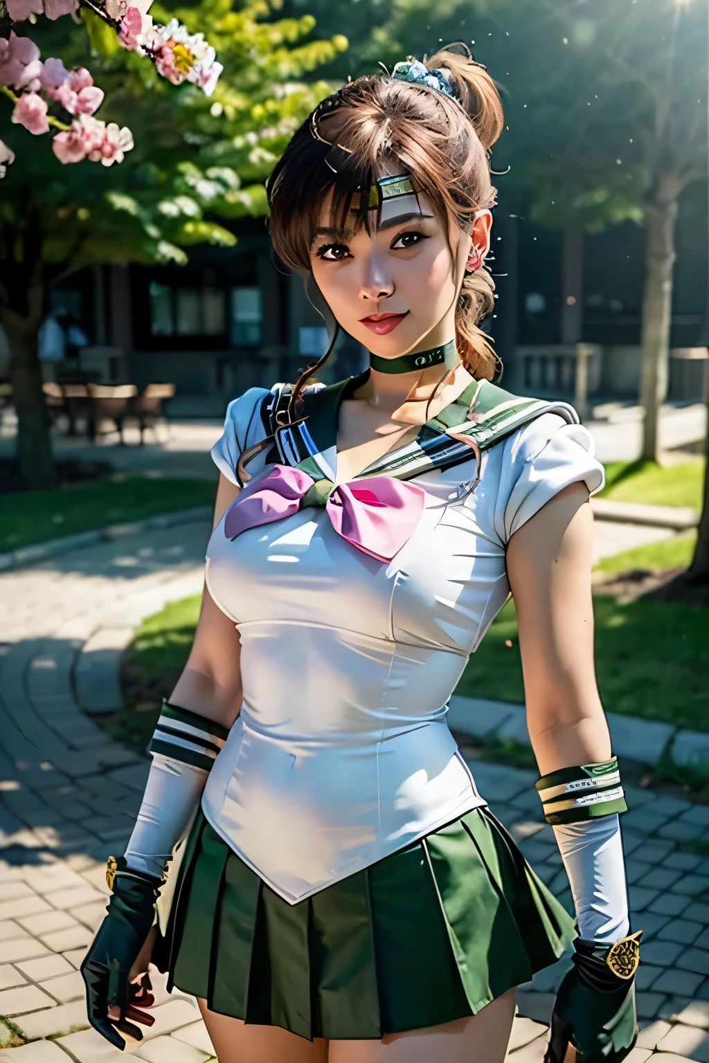(masterpiece, Highest quality:1.4), (whole body:1.5), (Are standing:1.4), One girl, alone, Ham Jupiter, (Green Eyes), ponytail, (tiara:1.2), jewelry, (Sailor Warrior Uniform:1.5), Green sailor collar, choker, Elbow hand pockets, White gloves, Pink ribbon, brooch, White leotard, Green Skirt, Pleated skirt:1), Beautiful Face, Highly detailed face, Highly detailed eyes, Highly detailed skin, Skin pores, Scattered beneath the surface, Realistic pupils, Mid-chest, Sexy smile, Blush all over face, Fuller lips, Cherry blossom tree background, Scattered beneath the surface, Detailed Background, Depth of written boundary, Volumetric lighting, Sharp focus, Absurd, Realistic proportions, Excellent anatomy, (Realistic, hyperRealistic:1.4), 16k hdr,
