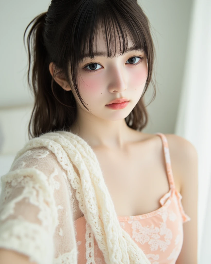Ultra High Resolution, (Realistic: 1.4), RAW Photo, Best Quality, (Photorealistic), Focus, Soft Light, ((20 years old)), ((Japanese)), (Front, Young Face))), (Depth of Field), (One Piece), Masterpiece, (Photoreal), Woman, Bangs, (( off-the-shoulder top, Bedroom, 1 Girl))