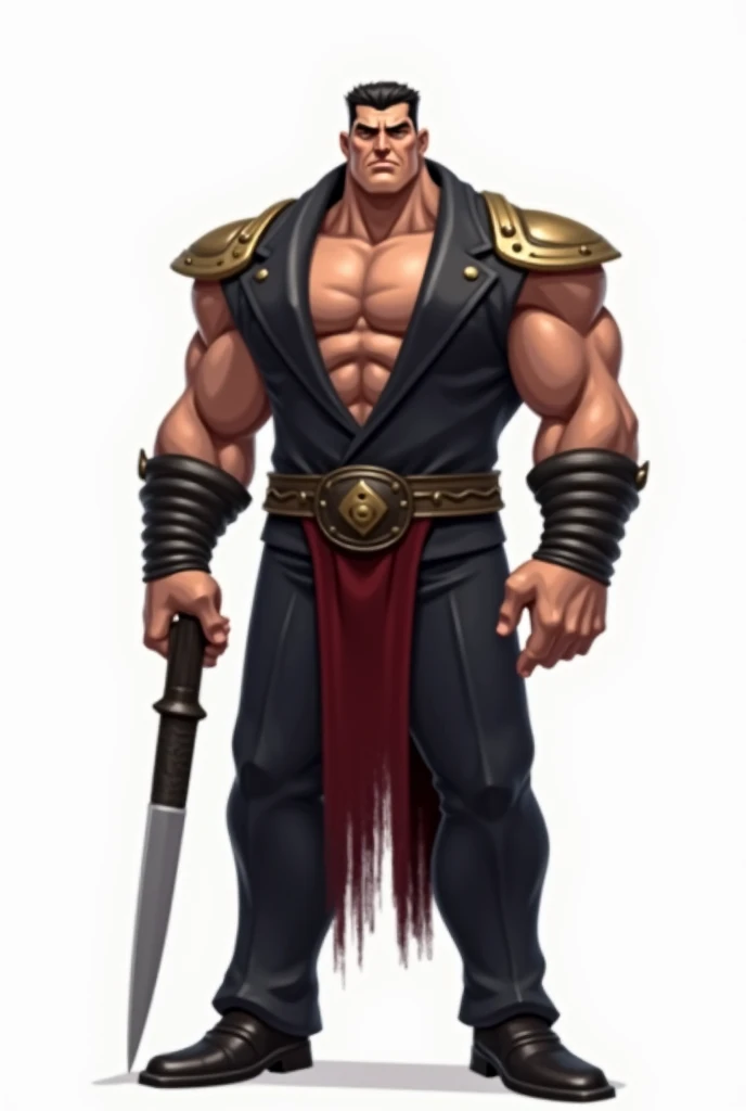 Big man full body image, muscular man with scars on his arms (handsome man) (muscular man). black hair and short ends, very pointed and straight. small gray eyes. Dressed only with a thong, with black bandages on arms and hands. A military chain around the neck and a condom in the mouth (masterpiece), (Best Quality), (ultra detailed), (illustration)