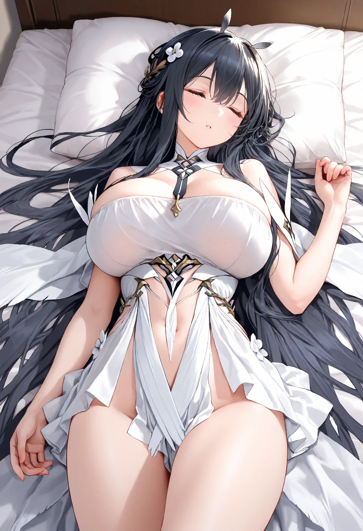 Beautiful Chitanda，There is only one beautiful girl，Purple Eyes, Black Hair, Natural straight hair, Straight bangs，Extremely refined，open your lips，Face is so red，Very white skin，Skin as delicate as porcelain，Glowing skin，big eyes，Flowing long hair，beautiful girl, Like a dream，Slim，Slim waist，Soft, (Sensual), (Kawaii), Dream quality，With angel wings，Lying on a huge leaf，Sweaty and sweaty，Profile，Side breasts，Lower breasts，Underwear Rain，Completely naked，Gluteal groove，Completely naked back，nacked hip，Bare belly，very close，Deep V neckline，Loose neckline，Beautiful big breasts，No pants，Delicate clavicle，Delicate hands and feet，Bare neck，There is no decoration on the neck，Bare thighs，Exposing the groin，Camel toe，extremely shy，Ultra-high resolution, (masterpiece:1.2, best quality), (Delicate and beautiful eyes: 1.2), (Beautiful and delicate face)