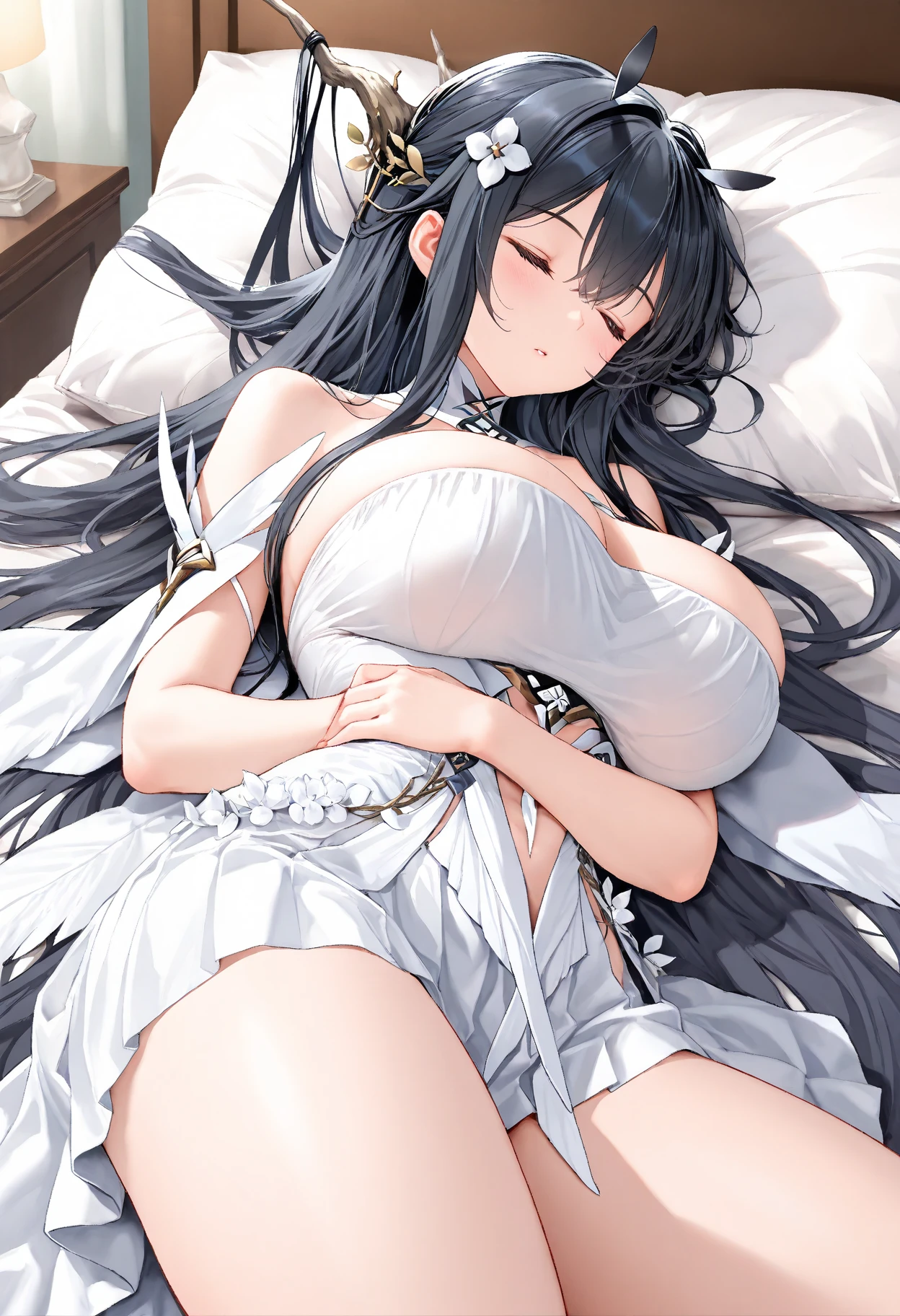 nsfw, girl lays on a bed, 1girl, solo, breasts, ,black hair, long hair ,((lying on back)), (pajamas), white pajamas, (Background: Bedroom with tatami mats), on the bed sheet, lying, on back, sleeping, (large breasts),blush,(embarrassed), surprised, (upset:1.0), parted lips, sweat, (snakes 1.5), (anaconda:1.0), (snake tail),pretty girl, (looking up:1.0), night, steam, best quality,detailed,high resolution,