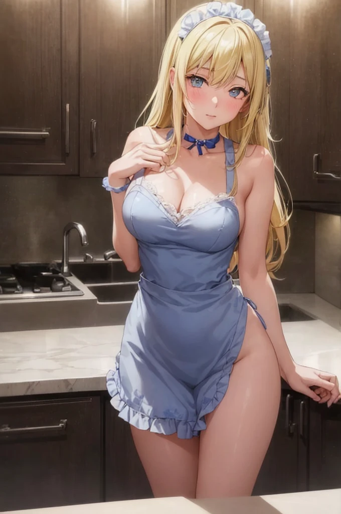 ((highest quality)), ((High resolution)), ((masterpiece)), ((detailed)), View Viewer, Cowboy Shot, Depth of written boundary, One mature woman, Perfect Face, Cute and symmetrical face, Shiny skin, (Beautiful Hair, Blonde hair), Blond girl in a kitchen counter, perfect body, sexy satin pijama, looking at viewer, anime, big breast, black sexy dress, the picture portraits the full size of the girl, high heels