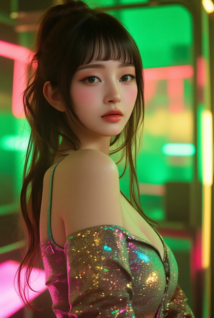 1girl, alone, solitary, high quality, (best quality,4k,8k,highres,masterpiece:1.2),ultra-detailed,(realistic,photorealistic,photo-realistic:1.37),gorgeous hair,light brown hair,long hair with curls and bangs,sharp eyes,mole under the eye,plump lips,jewelry,(high detailed skin:1.4),(rim lighting:1.3),(lit:1.3),(sunny day:1.3),portrait,beautiful lips,waist-length hair,seductive gaze,moles,casual clothes,colorful clothing,close up,super long hair,choker necklace,light green eyes,bangs,fringe,dimples on the cheeks,dimples,brown hair,lighthair,brown hair,black,red lips,red lipstick,round lips,round pouty lips,pouty lips,douyin makeup,sparkly makeup,glitter,contact lenses,blue,green,pink,purple,wine red,highlights,colored highlights,piercings,gems,glitter,lipstick,lip gloss,green eyes,tattoos,tattooed,navel piercing