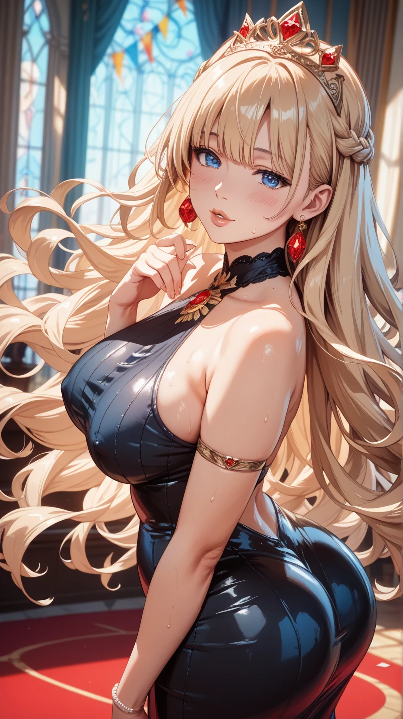 (masterpiece, best quality), nice figure, big breasts, wavy hair, bracelet, necklace, strapless tube top, miniskirt, pantyhose, quiet alley