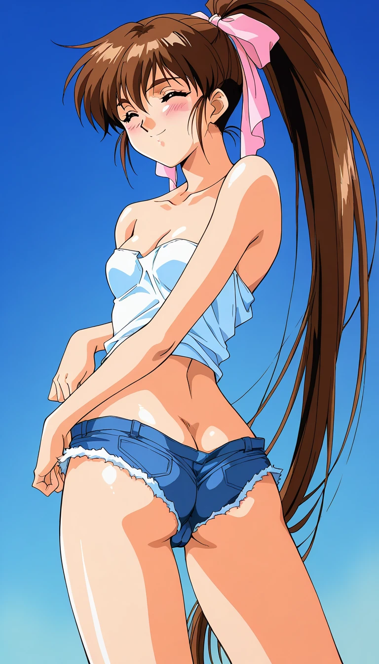 A beautiful woman with long, shoulder-length hair, big breasts, and beautiful legs is standing in a changing room in a white bikini with her butt facing me in close-up.。