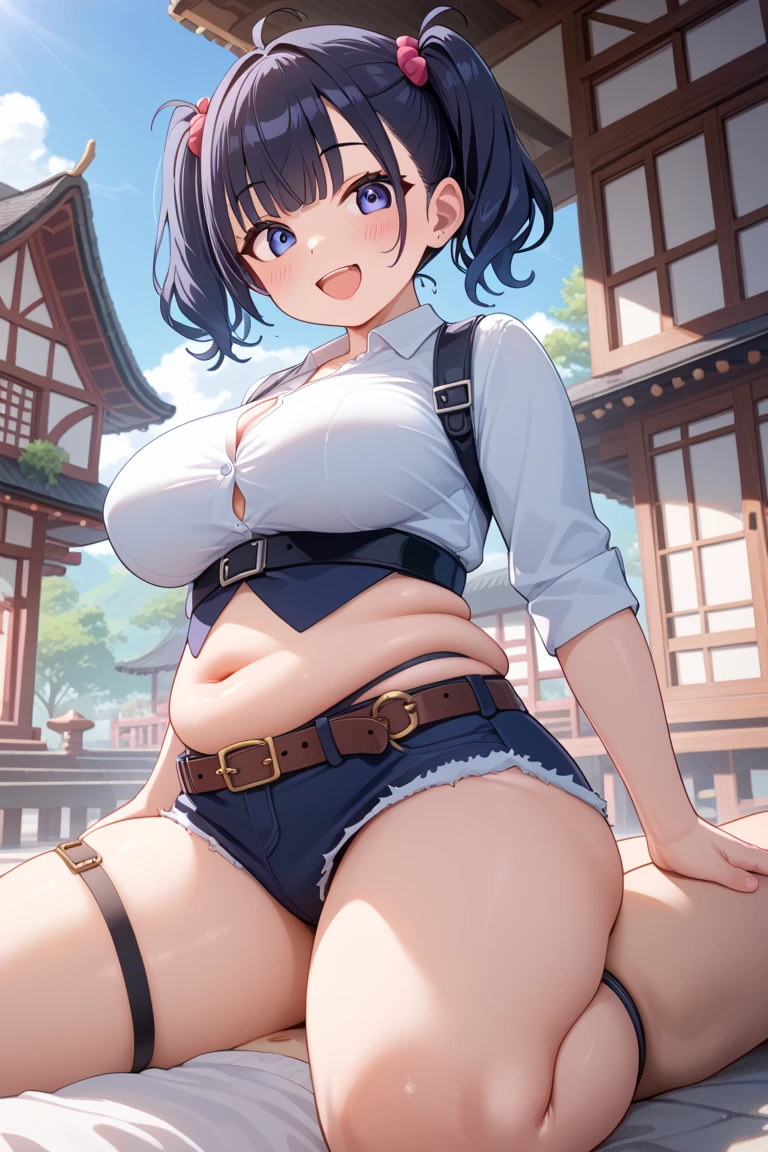 Anime illustration、highest quality、A short and plump high school girl、Shrine torii gate、Summer Night Festival、congestion、A row of food stalls、Japanese pattern jacket、hot pants、Perfect proportions、overwhelmingly big breasts、Thick legs、Beautiful, shining eyes、Cowboy Shot、smile、Excessive sweating、Noise Reduction