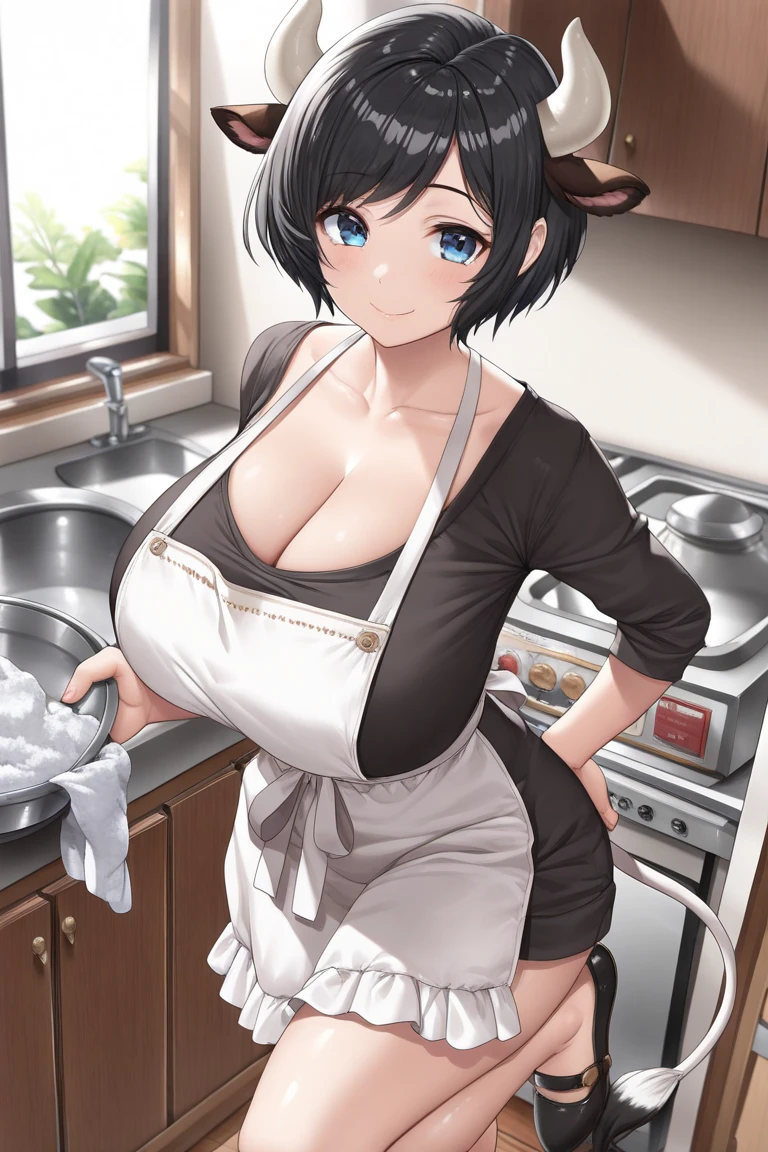 (((masterpiece))), highest quality, figure, 4k wallpaper, Cinematic Light, Absurd, One Girl ,Short Hair, black hair, Shiny Hair, Bloom Hair, Look ahead、Detailed face、Detailed Background、smile、Cowboy Shot、Daytime Kitchen,huge breasts, long earrings ,????? apron ,