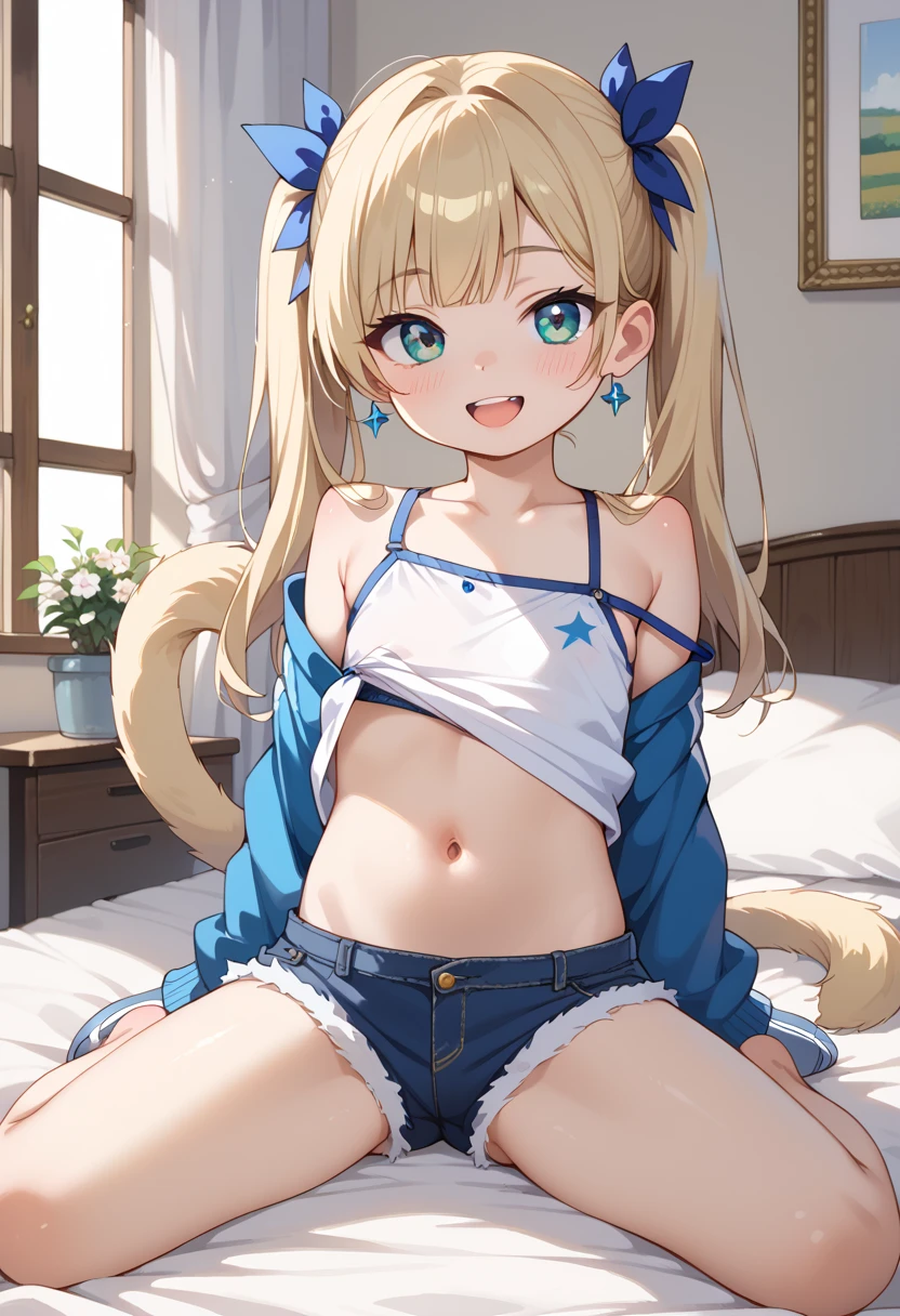 (masterpiece), best quality, (showing thighs), highly detailed faces, (SHARP details), 4k, highly detailed, ((cute innocent face)), (bunny ears), Big cute eyes, (viera), ((blonde hair)), blue eyes, ponytail, wild tomboy hair, shy and nervous pose, sheepish, apprehensive. frowning (()), ((solo)), short girl, petite-body, modern hotel bedroom interior((topless)), cute panties, dim light, red light, flat breasts, ((young girl)), (short girl), cute, slender, tempting