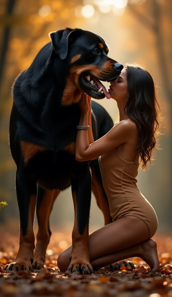A hyper realistic, ultra detailed image, (((((nude, side view, feral, boobs, human women, duo, reverse doggystyle))))), realistic, detailed background, (((((dog hugging huge belly, vaginal, hands on body, excessive urine on back, front doggystyle)))))