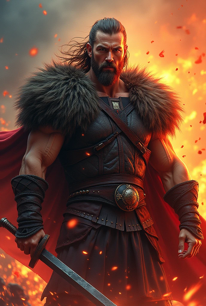 Nanevenant, ancient viking warrior, weighs 100 kilos, great ax, barba, black hair, companion red wolf, round face