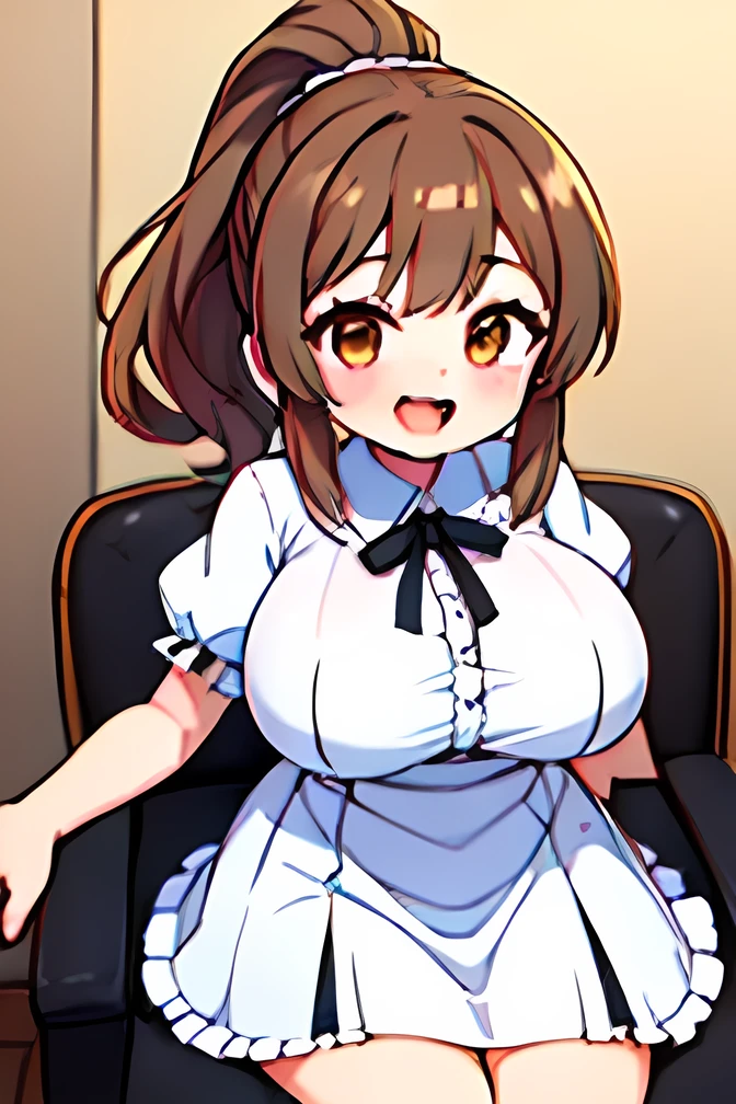 Highest quality、extremely detailed CG、One woman、27-year-old female、Huge breasts:1.3、sagging breast:1.3、White、white coat、white gown、Black inner shirt、Black inner shirtと白いコートを着てカメラに向かってポーズをとるアニメの女の子, breasts covered and SFW, chic,Whiteを着て, Cel-shaded adult animation、Brown Hair、ponytail、Health Room、学校のHealth Room、health room、sitting in a swivel chair、smile