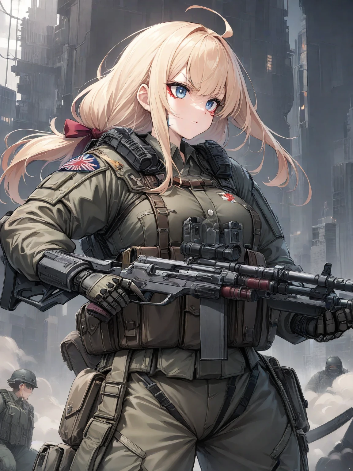 {{Masterpiece, top quality, highly detailed CG, 16K, movie lighting, lens flares}}, one girl of a special forces operative, (aiming a huge rifle), (wide view), thick body, Photorealistic: 1.4, long blonde hair, green eyes, aiming, ((Boarding gate of combat helicopter: 1.6)), SWAT, night footage, the sky clouded by plumes, plumes rising from flames, from above, aiming, rifle aiming, lock-on, rifle knee shooting, full body shot