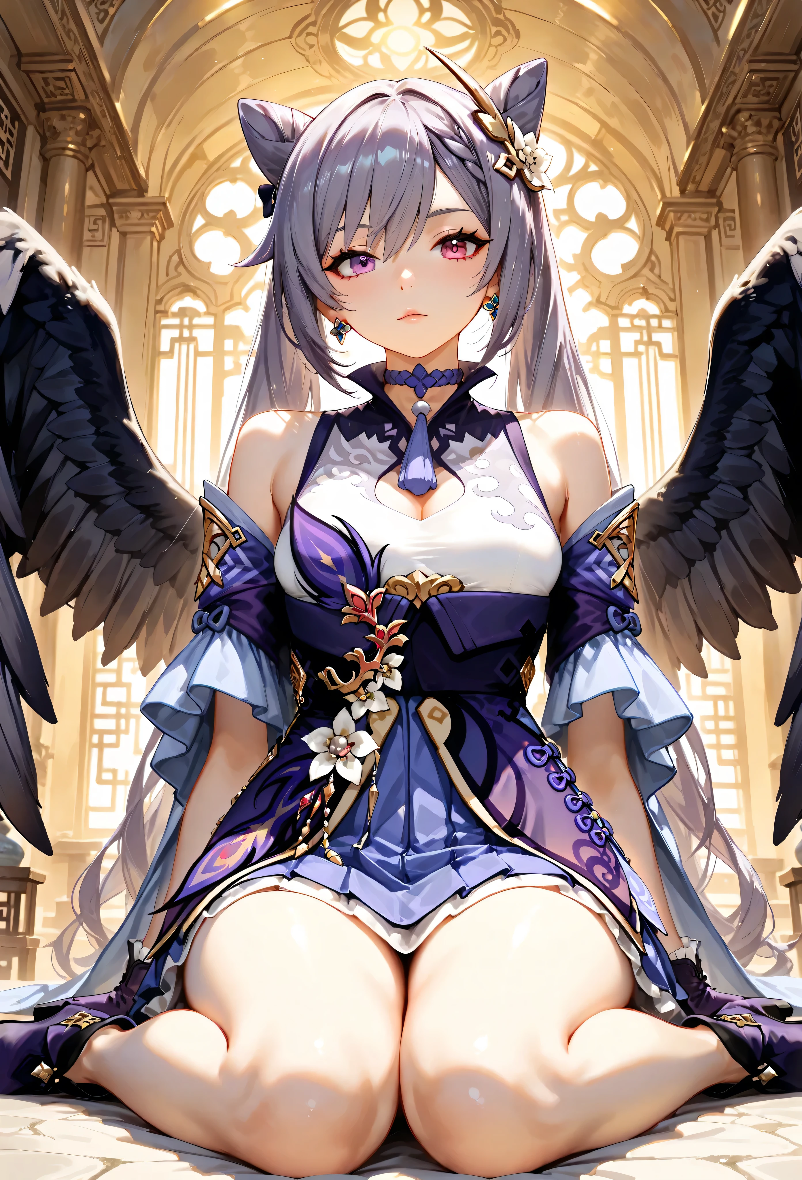 absurdres, RAW photo, extremely delicate and beautiful, masterpiece, Best Quality, ultra high resolution, 32k, hyperrealistic, ultra-detailed, perfect figure, in her 20s, very small head, very small face, delicate facial features, tearful mole, earring, huge breasts, legs, full body shot, medium hair, black hair, wings, Colored inner hair, Legwear with ribbon trim, an anti-materiel rifle,