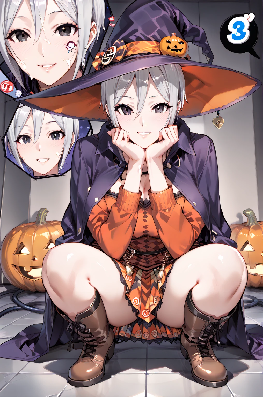 1 girl, (nude,flat chest,nipple,spread your pussy,No correction,NSFW)、Halloween backgrounds、witch hat、Silver hair twintails、Horizontal striped stockings
