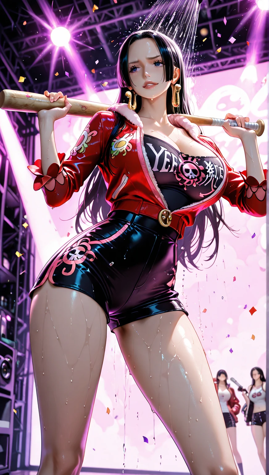 masterpiece, best quality, (Extremely detailed CG Unity 8K wallpaper, masterpiece, best quality, Super detailed, masterpiece, best quality, 1 Girl,(Sagging breasts、Cleavage, cleveage、Thick thighs)), Perfect body, ) Solitary, crop top, Denim shorts, Necklace, (Graffiti:1.5), Paint splatter, Put your hands behind your back, Against the wall, Looking at the audience, armband, Thigh straps, Body paint, Head tilt, boring, Colorful hair, aqua eyes, earphone, Boya Hancock,