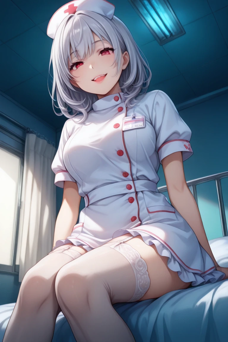 masterpiece, best quality, 1girl, fefe, short grey hair, red eyes, side ponytail, piercing, medium breasts, nurse, infirmary, hospital bed,
<lora:last-000002:1>