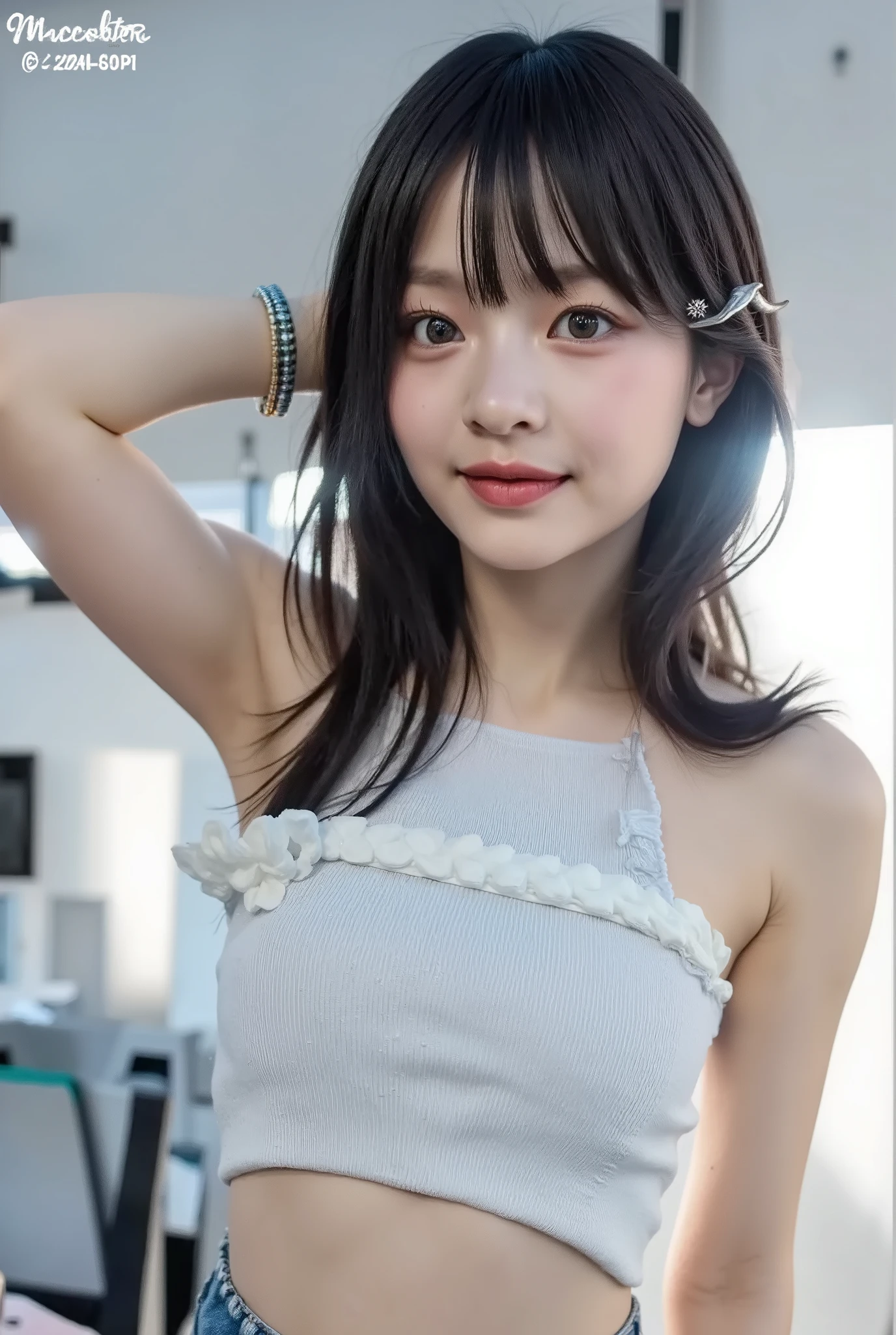 {{{top quality:1.8}}}, {masterpiece:1.8}, {:1.8}},,{natural makeup:1.8},{{Extremely elaborate facial eyes:1.8}, {Beautiful skin}, {professional lighting)}},{High Accuracy Selection},{{{{chestの上の顔の写真}}}},{{one high school girl :smile Yan:chest:Nipples}},,{Red cheeks:1.6},,{{{{smile:big double eyelids:mascara: teardrop bags:long eyelashes:1.8}}},,{{eyeshadow:0.8}},{{{{透けて見える白いタンクトップ-Nipples:1.8}}}},{{bob cut::Princess Cut:ponytails:1.8}},