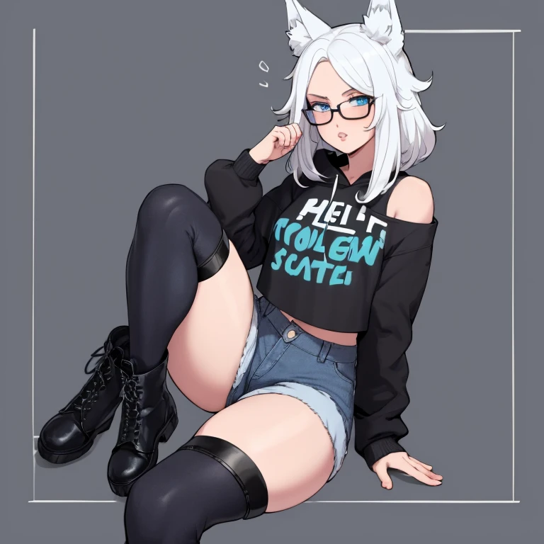 Single boy, Anime boy, Short, Long white hair, wolf ears, has wolf tail, blue eyes, wearing short denim shorts, thigh high fishnets, black combat boots, oversized cropped hoodie, flat chest, super flat chest, solo boy, only one boy ((FLAT CHEST)) solo, alone, (SOLO)(ALONE) thicc thighs, wide hips, blue eyes, perfect eyes, perfect face, wearing pink lip gloss, happy, curvy, sparkly blue eyes, wearing large round glasses, solo male, on bed, surrounded by stuffed animal plushies, kawaii