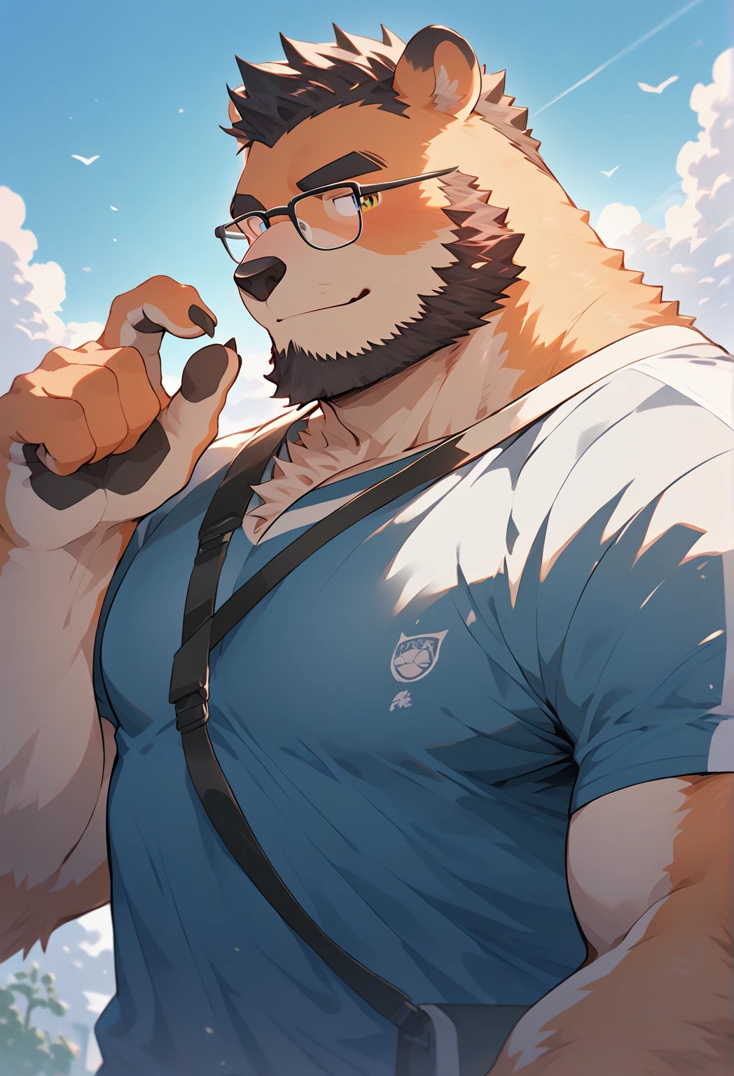 Chubby, furry,male , anthro bear, very plump, middle aged  , mouth covered mustache,Thick beard, seductive  , detailed , half body , tight tank top, extremely hot and sexy, eye closed, by hyaku ,by darkgem, by glitter trap boy, wearing circular glasses, wearing pink shirt, cute smile