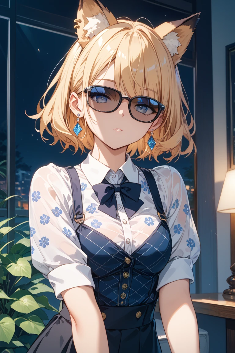 (masterpiece, Highest quality, でvery aesthetic, Super detailed), Intricate details, ((Cityscape, )), night, One woman, smile, Blonde, (((Touching your face with one hand))), Wavy Hair, Red gradient hair, Cleavage, From the side,, (Bobcut), blush, (((On top of a building))), Turquoise Eyes, Big eyes, Round eyes, ((sunglasses)), (((Gal with light makeup))), Collared shirt, White shirt, Baby Face, The clavicle is visible, , Grey pleated skirt, , looking at viewer, ((Sitting))