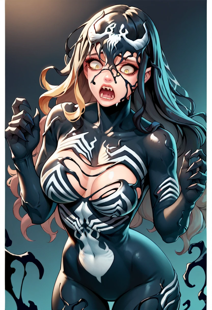 <lora:SymbioteWomen_for_PonyXL:1.2>, symbiette, black symbiote, fully covered, solo, tongue, teeth, tongue out, open mouth, sharp teeth, claws, long tongue, <lora:Chika_Chosokabe_from_LIL_PonyXL:0.8>, chika, 1girl, solo, blonde hair,, score_9, score_8_up, score_7_up, score_6_up, score_5_up, score_4_up