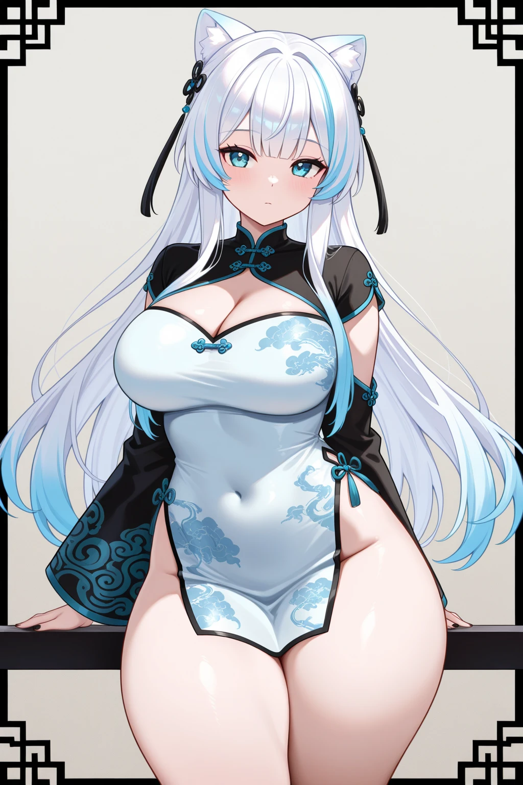 Kamigawa, ssmile, Be red in the face, exteriors, daysies, simple backgound, blue-sky, long whitr hair, Skysky, Temple, looking at viewert, stairways, mont, Moody light, braidedhair, ssmile, Blushlush, sexyposture, showing armpit,big cleavage breasts,(Stand with one foot in front of the other,both hands on hip), (angle of view:1.1),gigantic cleavage breasts,Busty body,large thick legs,Light blue bikini,Has a fine pattern