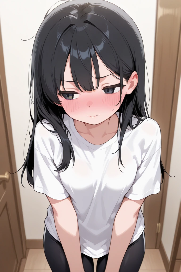 - Female college student- Long black hair,Straight Hair,Hair ends are slightly curled,Scattered on shoulders - big eyes,Black pupil,Long eyelashes - Pretty face - Fair skin - Delicate features - Slim figure,高挑
- 约165cm高
- 胸部full,Papaya shape
- 白色宽松T恤,Slightly longer hem,Covers part of lower body - Small,Hidden under a T-shirt - Barefoot,Rounded Toes - Simple and Clean Restroom,White tiles,Mirror- Jiang Xiaochen standing in front of the mirror,Grab your chest with your hands,White liquid leaking from chest - Slightly red cheeks,Mild sweating,表情Awkward和nervous
- surprise和Puzzled:Eyebrows slightly wrinkled,Eyes wide open,嘴巴微张
- Awkward和nervous:Blushing cheeks,Mild sweating,Hands clasped or crossed over chest - Anxiety:Wandering eyes,Lean forward slightly,Rubbing hands nervously - chest:full,Papaya shape,White liquid spills,Liquid shimmers slightly - Expression:surprise、Puzzled、Awkward、nervous、Anxiety and other emotions alternation - body movements:Grab your chest with your hands,Cross your arms,Rubbing hands nervously - white liquid flowing effect on chest,仿佛正在滴落
- Hair ends are slightly curled的细节,Shows soft hair-delicate skin texture,Showing her youthfulness - Soft ambient light,Highlight the details and expressions of characters